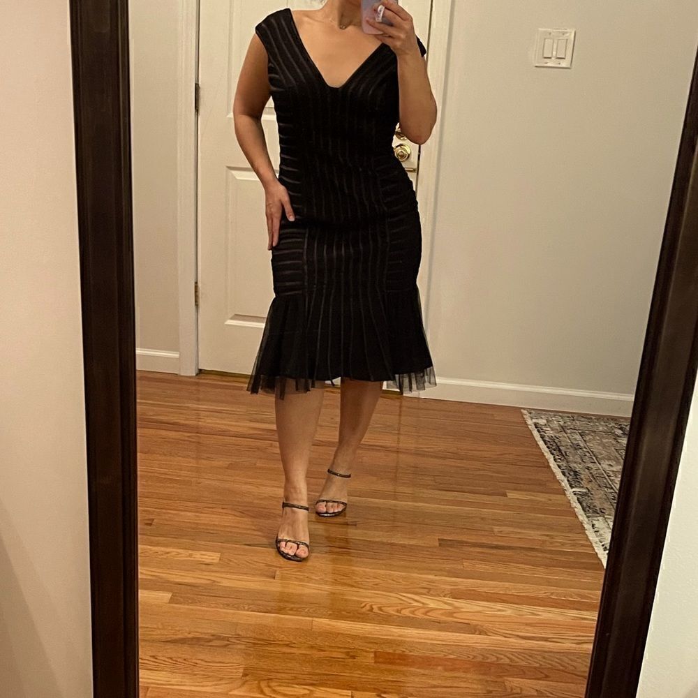 Adrianna Papell Black Sleeveless Satin Striping Tulle Fishtail Dress | SZ 10